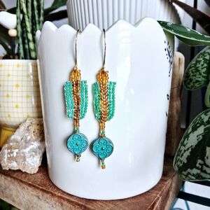 BOGO EARRINGS Boho Chic Seed Bead Dangle Earrings, Hammered Statement 3.25"